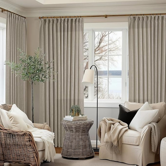 Pinch Pleat Linen Curtains 108 Inches Long 70 Inch Wide for Patio Sliding Door Light Filtering Semi Sheer Pleated Drapes Back Tab Burlywood Taupe Extra Wide 70 x 108 Curtain for Living Dining Room