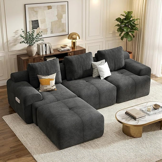 Boneless Couches for Living Room L Shaped Couch Modular Sectional Sofa 112'' Comfy Deep Seat No Assembly Couch Grey Modern 3 Seater Chenille Boneless Sofa with Ottoman for Bedroom Apartment