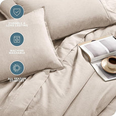 Bare Home Bed-in-A-Bag 7 Piece Comforter & Sheet Set - Full - Goose Down Alternative - Ultra-Soft 1800 Premium - Bed Set - Cationic (Full, Heathered Pebble)