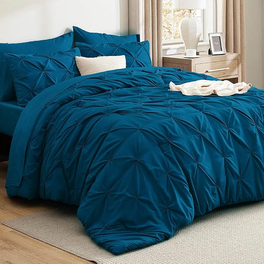 Bedsure California King Comforter Set Teal - Bed in a Bag Cal King Bedding Set 7 Pieces, GentleSoft™ Pintuck Bed Set Gift for Family, Pinch Pleat Teal Comforter with Sheets, Pillowcases & Shams