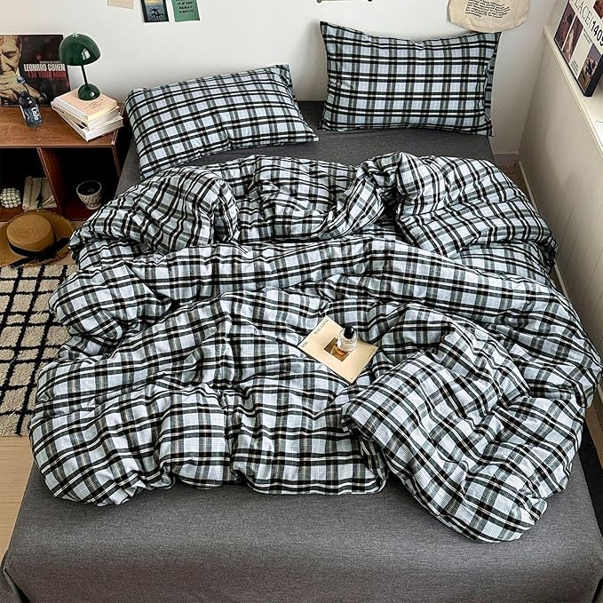 VM VOUGEMARKET Buffalo Gingham Duvet Cover Set Queen,3 Pieces Washed Cotton Bedding Set,Breathable Luxury Plaid Comforter Cover with Zipper Closure for Boys Men(Black&Grey)