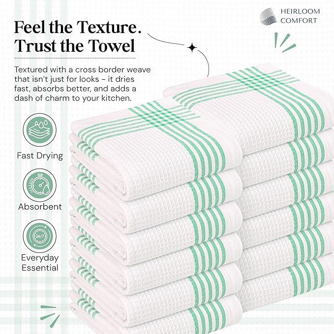 Dark Green Waffle Weave Kitchen Towels 3 Pack, 100% Cotton, 16x26 Inch, Ultra Absorbent, Quick Dry Dishcloths, Durable & Reusable Dish Towels for Home and Kitchen, Machine Washable