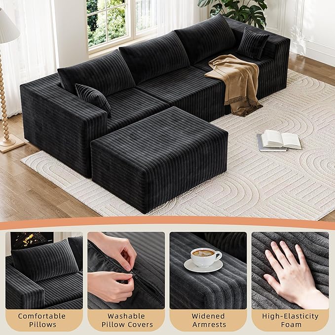 110" Cloud Couch Sectional for Living Room L-Shape Boneless Couches Modular Sectional Sofa with Deep Seat with Chaise,No Assembly Required,Carbon Black(Plush Corduroy Fabric)