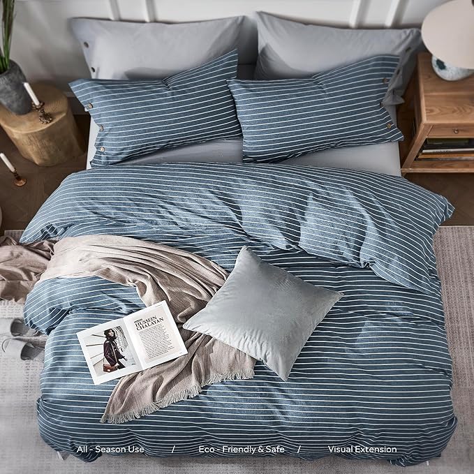 JELLYMONI Washed Cotton Duvet Cover Queen Size – Breathable & Cozy Bedding Set for Modern Homes, Dorms & Guest Rooms, Blue Striped Comforter Cover with Button Closure, 1 Duvet Cover & 2 Pillowcases
