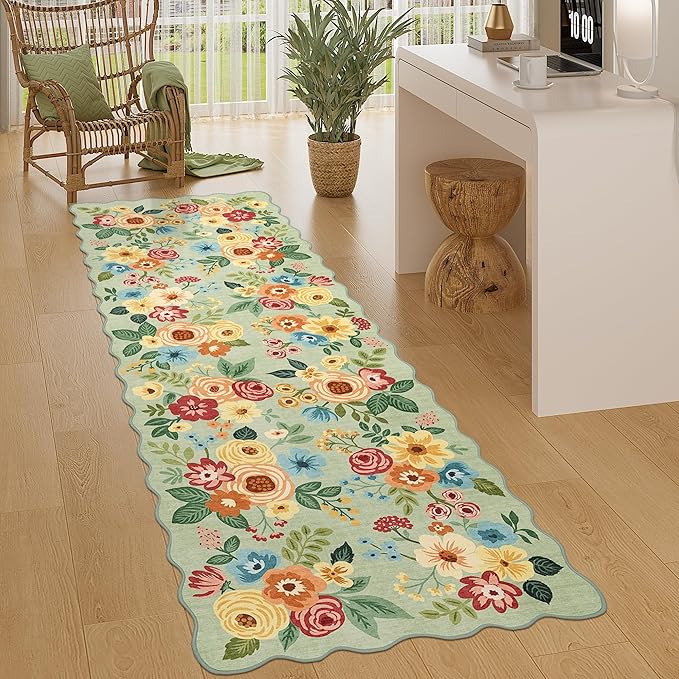 DUKINO 2.6x8 Runner Rug for Hallway, Washable Kitchen Rug with Non Slip Backing & Non-Shediing, Soft Low Pile Floral Design Runner for Bedroom, Kithchen, Living Room, Laundry, Bathroom, Green