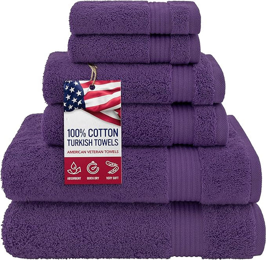 American Veteran Towel, 100% Cotton Turkish 6 Piece Towel Set, Luxury Towels Set of 6 for Bathroom Essentials, 2 Bath Towels 2 Hand Towels 2 Washcloths, Purple