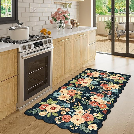 DUKINO 2x4 Washable Runner Rugs, Non Slip Floral Print Entryway Rug with Soft Low Pile, Lightweight Mat for Living Room, Bathroom, Bedroom, Kitchen, Navy Blue