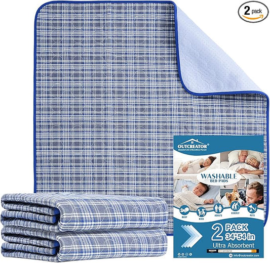 OUTCREATOR® Washable Bed Pads 34" x 54" (Pack of 2) for Incontinence Mattress Protector, Reusable Underpads for Elderly, Adults, Kids, Pets with Anti-Slip Bottom (Light Blue Plaid)