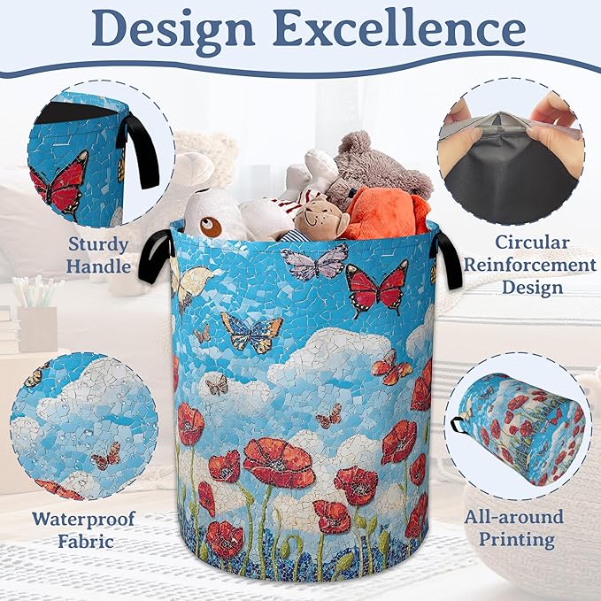 Vintage Poppy Flowers Laundry Basket,Foldable Waterproof Oxford Cloth Tote Bag Butterfly Laundry Hamper with Handles,20.8"x16" Clothes Storage Bucket Organizer for Laundry Room, Bathroom, Bedroom