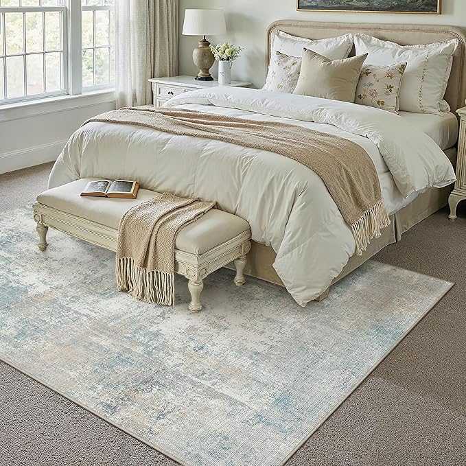 8x10 Washable Area Rug Blue Cream Abstract Living Room Bedroom Carpet Neutral Modern Non-Slip Soft Low Pile Lightweight Vacuumable Large Throw Rug for Dining Room