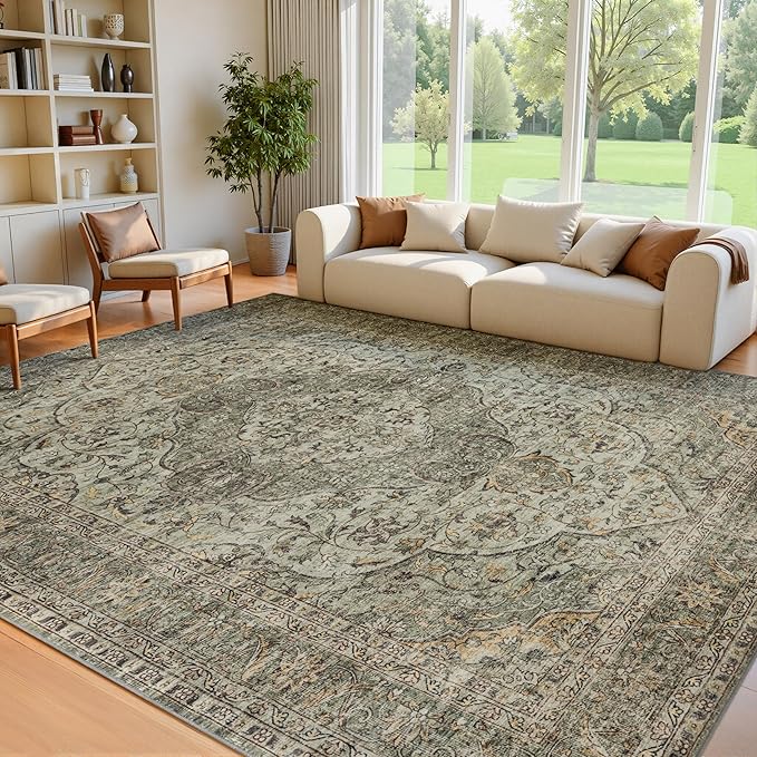 RCTJHOME 9'x12' Washable Area Rugs for Larger Living Room/Spacious Bedroom, Ultra Soft Non-Slip Accent Carpet, Dining Room,Larger Home Office, Low Pile Persian Rug Distress Floral Forest Green