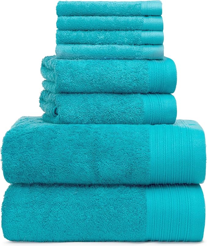 Premium 8 Pieces Towel Set Including 2 Bath Towels 30" x 56", 2 Hand Towels 18" x 30" and 4 Washcloths 13" x 13" - Color: Teal | Pure Cotton |Machine Washable high Absorbency