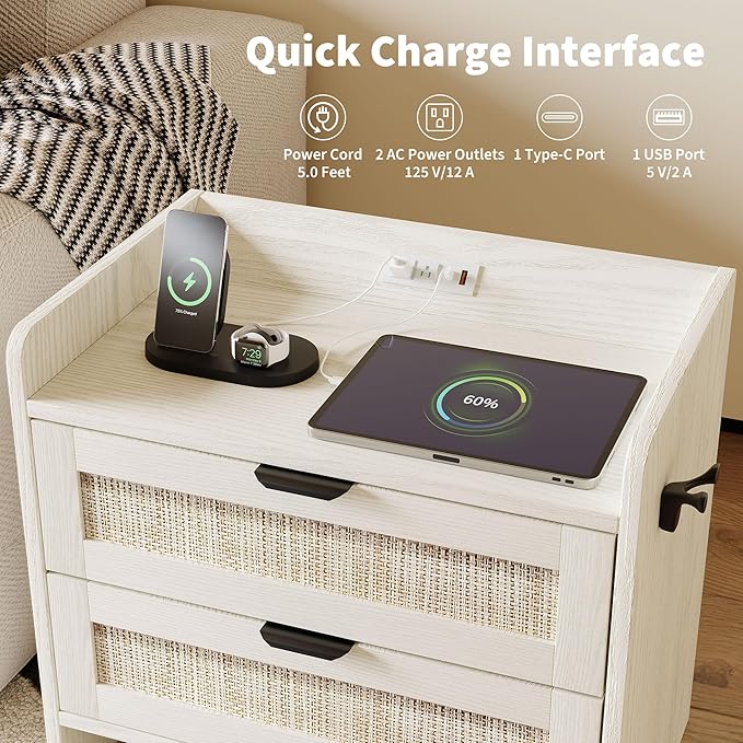 Rattan Nightstand, Bedside Table with Type-C Charging Station - 2 Storage Drawer Space, Boho End Table Side Table for Bedroom Office, Large Night Stand with Charging Port