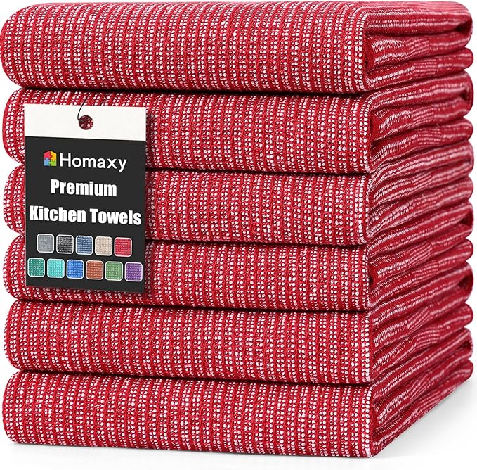 Homaxy Premium Kitchen Towels(18”x 28”, 6 Pack), Large Cotton Kitchen Hand Towels, Flat and Terry Dish Towels, 380 GSM Highly Absorbent Tea Towel Set with Hanging Loop, Red