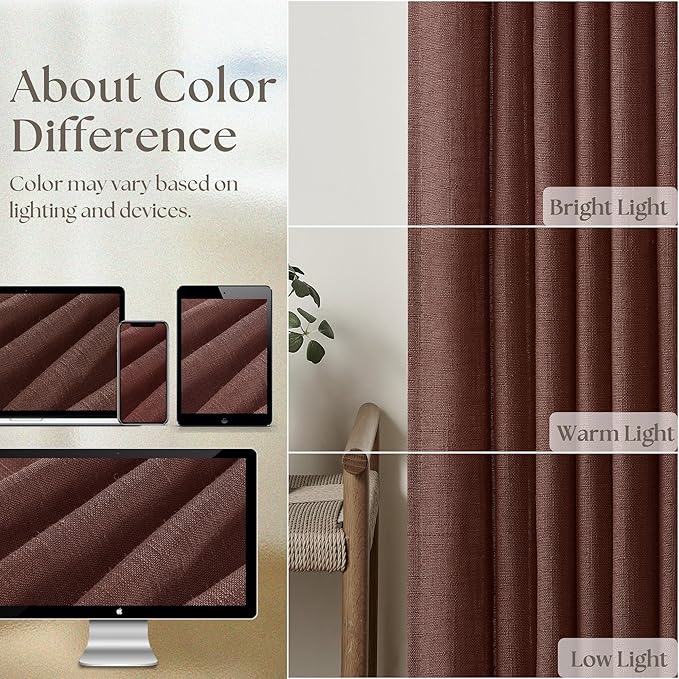 Maroon Pinch Pleated Linen Curtains 108 Inches Long for Living Room 2 Panels Set Flax Double Pleated Drapes Back Tab Farmhouse Ceiling Floor 108 Inch Window Curtains Bedroom Chestnut Reddish Brown
