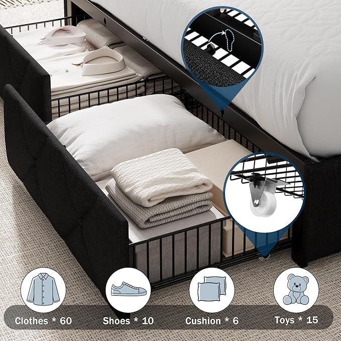 Full Size Bed Frame with 4 Large Storage Drawers, Upholstered Platform Bed with Charging Station, Modern Wingback Storage Headboard, Easy Assembly,Noise-Free, Black