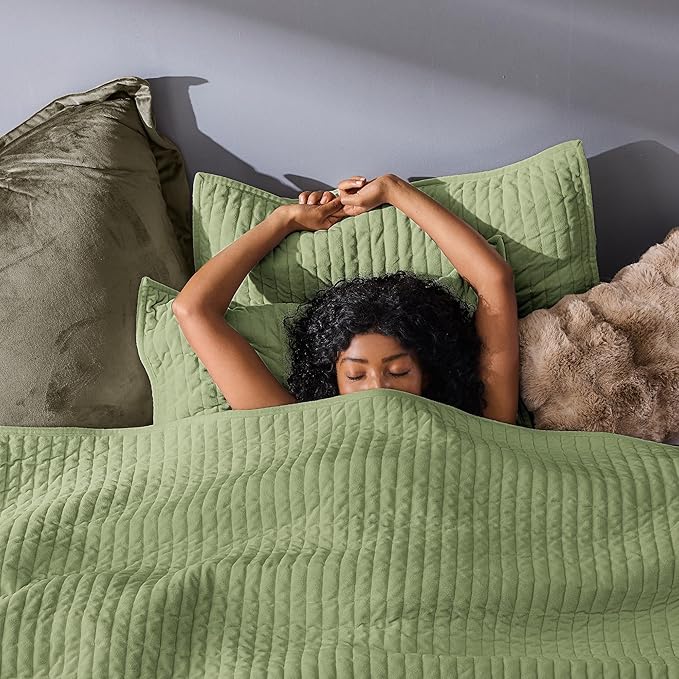 Wonderful Velvet Quilt Queen Size Stitched Green Bedding Set, Brushed Stitched Lightweight Comforter, Luxious Boho Bedspread Soft Faux Suede Coverlet with Shams for All Season (Mint Green)