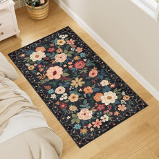 DUKINO 2x4 Rug for Entryway, Washable Kitchen Floral Runner Rug with Non Slip Backing, Low Pile Soft Boho Carpet for Kitchen, Hallway, Entryway, Laundry, Bedroom, Black