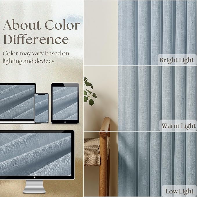 Dusty Blue Pleated Linen Curtains 96 Inches Long for Living Room 2 Panel Set Semi Sheer Light Filtering Pinch Pleat with Rings Hooks Drapes Boho Farmhouse Light Blue Grey Curtain Bedroom Window