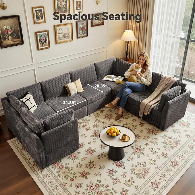 Large 7 Seat Modular Sectional Sofa with Ottoman Seat Corduroy Sleeper Sectional Sofa Bed Oversized Convertible Modular Couch for Living Room