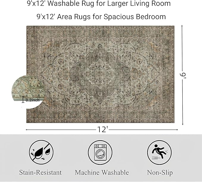 RCTJHOME 9'x12' Washable Area Rugs for Larger Living Room/Spacious Bedroom, Ultra Soft Non-Slip Accent Carpet, Dining Room,Larger Home Office, Low Pile Persian Rug Distress Floral Forest Green
