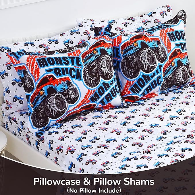 Viviland Kids Twin Bedding Sets for Boys, Soft Twin Comforter Set with Sheets, 5 Pieces Microfiber Bed in a Bag, Monster Truck