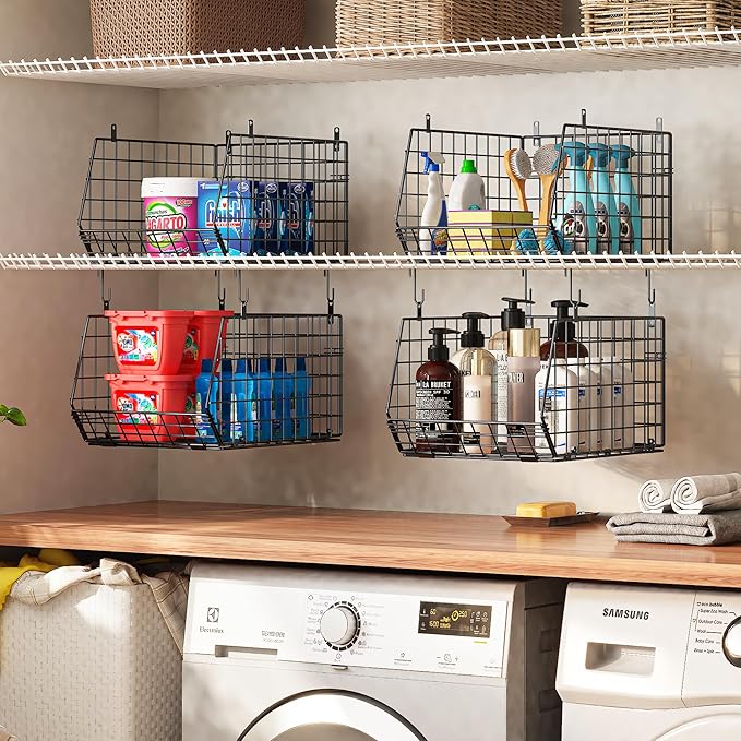 4" Extra Deeper Hanging Closet Organizers and Storage,4 Tier Foldable Wire Cabinet Shelves with 5 S Hooks,Small Metal Basket Bins for Clothes Sweaters Handbags, Wardrobe for Kitchen Laundry Room，Black