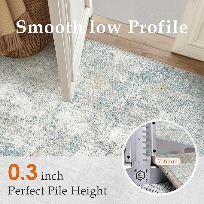 3x8 Washable Runner Rug Blue Cream Abstract Hallway Kitchen Throw Rug Neutral Modern Non Slip Soft Low Pile Lightweight Carpet for Bathroom Laundry Bedroom Living Room