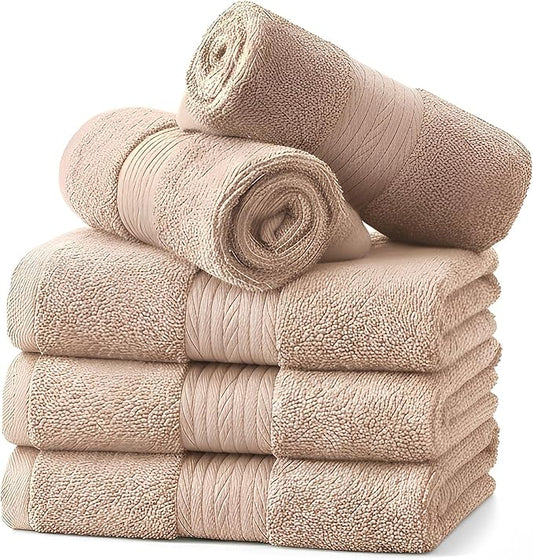 Ample Decor Washcloths Pack of 5 12 X 12 Inch, 600 GSM 100% Cotton Soft Absorbent, Premium Quality Durable Machine Washable, Ideal for Bathroom, Pool, Hotel, Spa – Beige