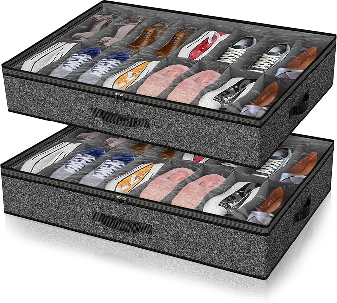 2 Pack Under Bed Shoe Storage Organizer for Closet, Fits Total 32 Pairs Foldable Underbed Shoes Containers Boxes Under the Bed Storage Bedding with Sturdy Handles&Clear Window for College Dorms, Grey