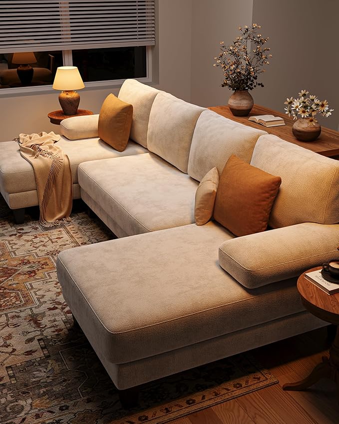 U-Shaped Sectional Couches for Living Room | 112 Inch Modern Sectional Couch | Warm White Chenille Sofa with Double Chaise for Apartment