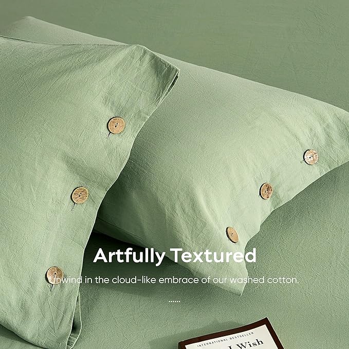 JELLYMONI 100% Washed Cotton King Pillowcases Set, 2 Pack Linen-Like Texture Breathable Pillow Covers with Button Closure,Mint Green King 20"×36"(Pillows are not Included)