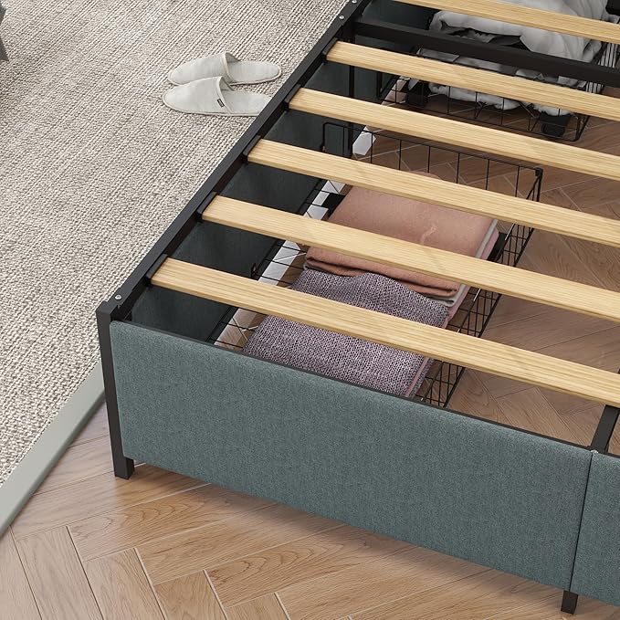 Panana 14 Inch Queen Size Bed Frame,Industrial Metal Platform Bed Frame with 2 Tier Storage Wooden Headboard and Footboard,4 Storage Drawers,No Box Spring Needed,Black&Grey