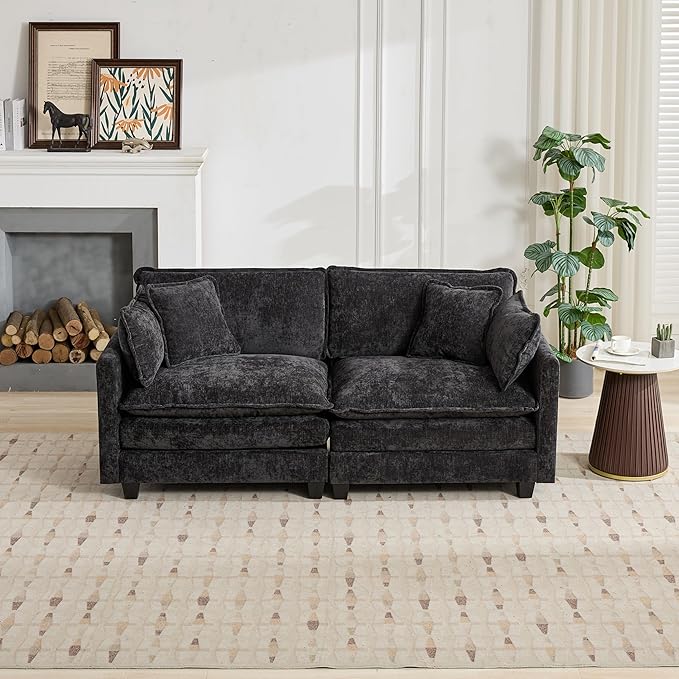 SoarFlash 77.95" Chenille Sectional Sofa, Comfy Modular Loveseat Sofa, Modern 2-Seat Couch Deep Seat Sofa Set for Living Room,Black