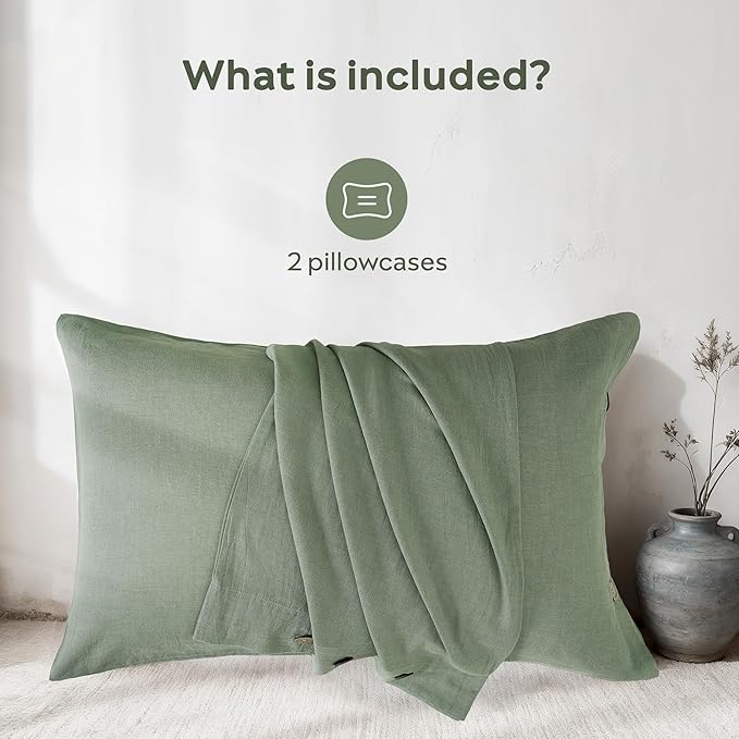 JELLYMONI 100% Washed Cotton King Pillowcases Set, 2 Pack Linen-Like Texture Breathable Pillow Covers with Button Closure,Pillows are not Included (King 20"×36", Sage Green)