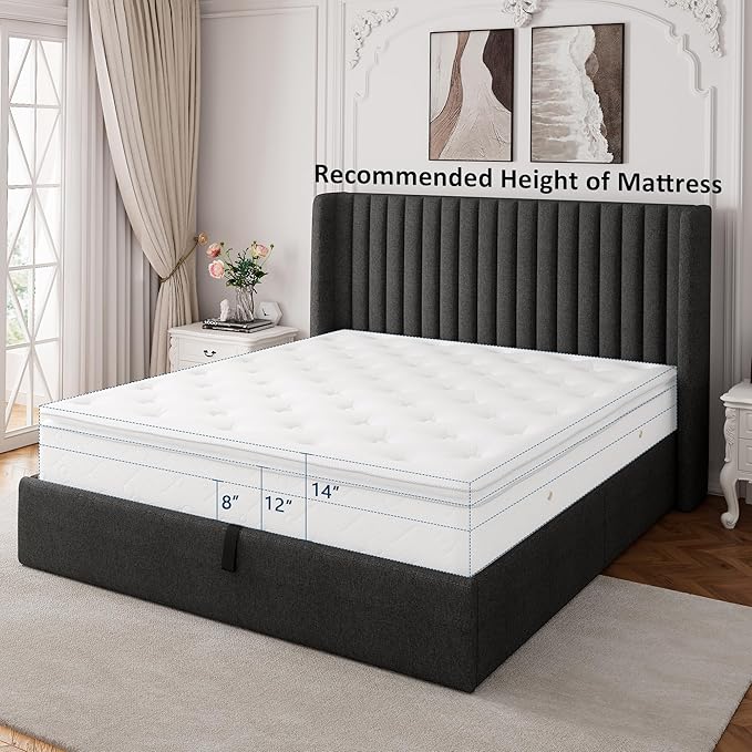 Queen Size Lift Up Storage Bed, Upholstered Platform Bed Frame with Wingback Headboard, Hydraulic System, Solid Wooden Slats Support, Noise-Free, Easy Assembly, No Box Spring Needed, Dark Grey