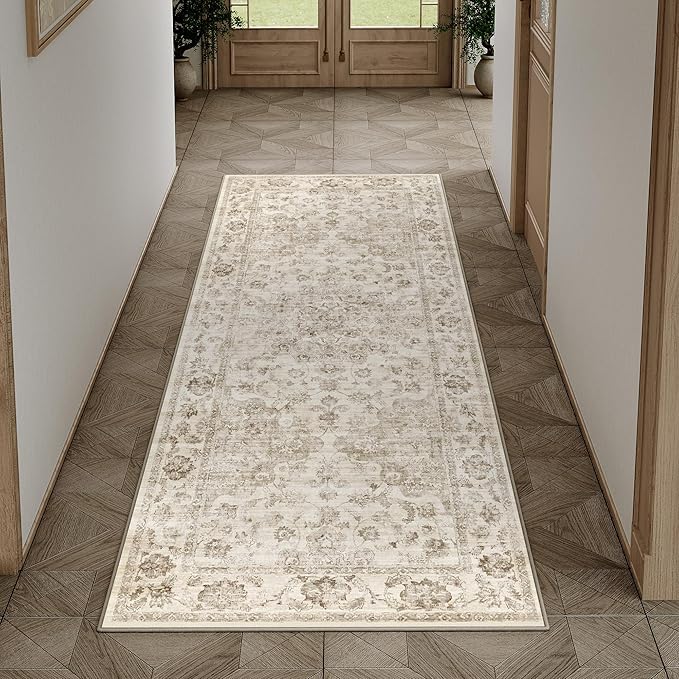 2x5 Washable Neutral Runner Rug Beige Vintage Hallway Kitchen Carpet Non-Slip Soft Low Pile Floral Throw Rug for Bedroom Bathroom Laundry Living Room