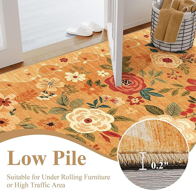 DUKINO 2x5 Runner Rug for Hallway, Washable Kitchen Floral Runner Rug with Non Slip Backing, Low Pile Soft Boho Carpet for Kitchen, Hallway, Entryway, Laundry, Bedroom, Orange