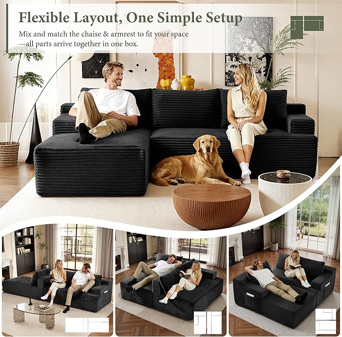 96''Sectional Couches for Living Room Modern Modular Sectional Sofa Upholstered Boneless Couch Comfy Cloud Couch with Chaise (Black, 96''W Left Facing Chaise)