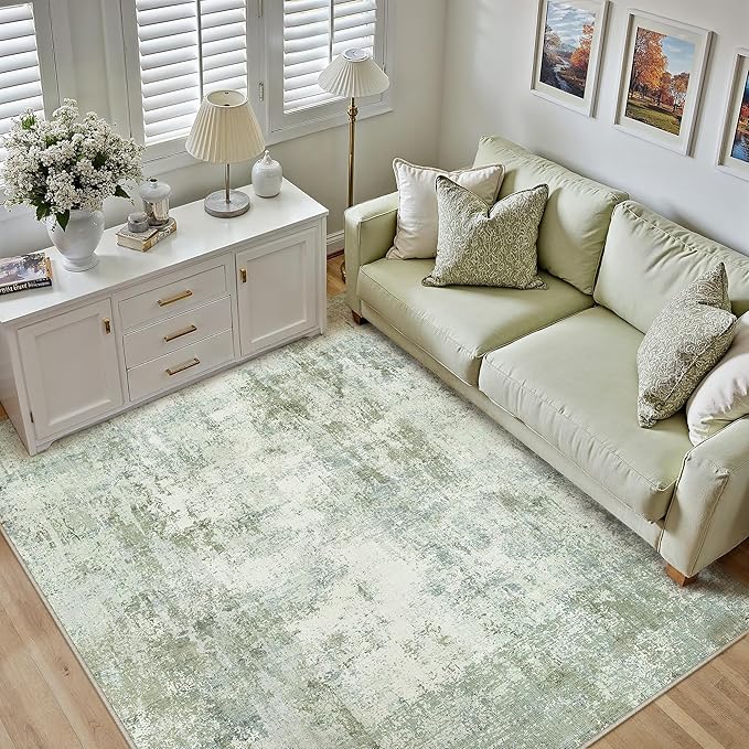 5x7 Washable Area Rug Sage Green Abstract Living Room Bedroom Carpet Neutral Modern Non-Slip Soft Low Pile Lightweight Vacuumable Throw Rug for Dining Room Entryway