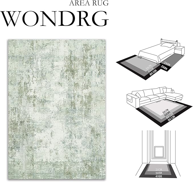 5x7 Washable Area Rug Sage Green Abstract Living Room Bedroom Carpet Neutral Modern Non-Slip Soft Low Pile Lightweight Vacuumable Throw Rug for Dining Room Entryway
