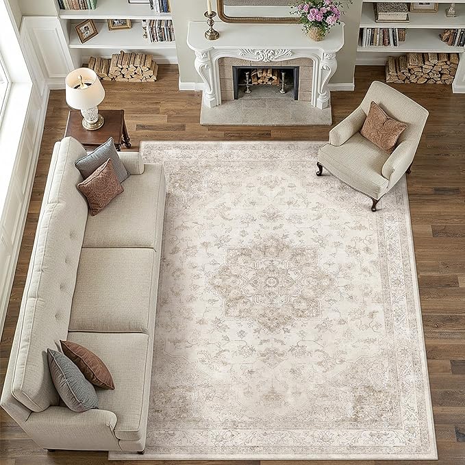 Beige Area Rug 10x14 Washable Living Room Carpet Vintage Non Slip Soft Bedroom Indoor Office Retro Low Pile Thin Oriental Medallion Large Rug for Dining Room Bathroom Playroom