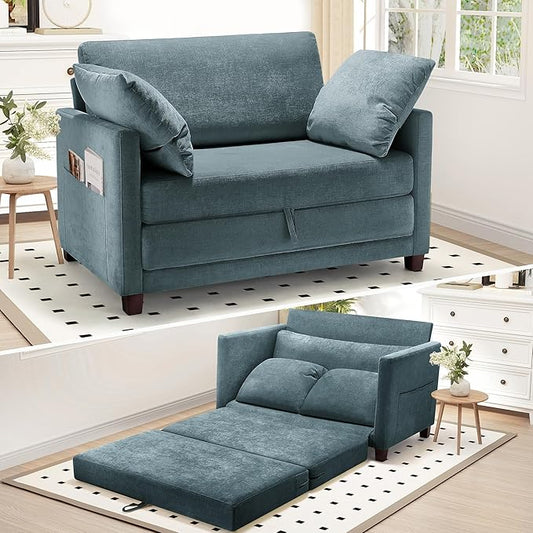 51" Convertible Loveseat Sofa Bed, 2-in-1 Folding Sofa Bed with 2 Pillow for Small Spaces, Modern Loveseat Sleeper Couch for Apartment, Living Room & Guest Room (Light Blue)
