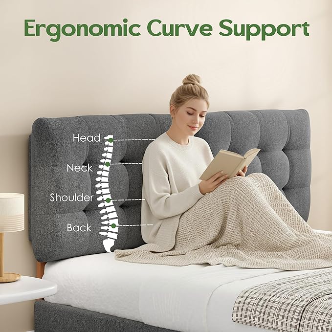 Tufted Upholstered King Headboard, King Size Headboard Only with Durable Solid Wood Legs, Modern Button Diamond Fabric Head Board with Adjustable Height from 39" to 44" and Width Adapters, Grey