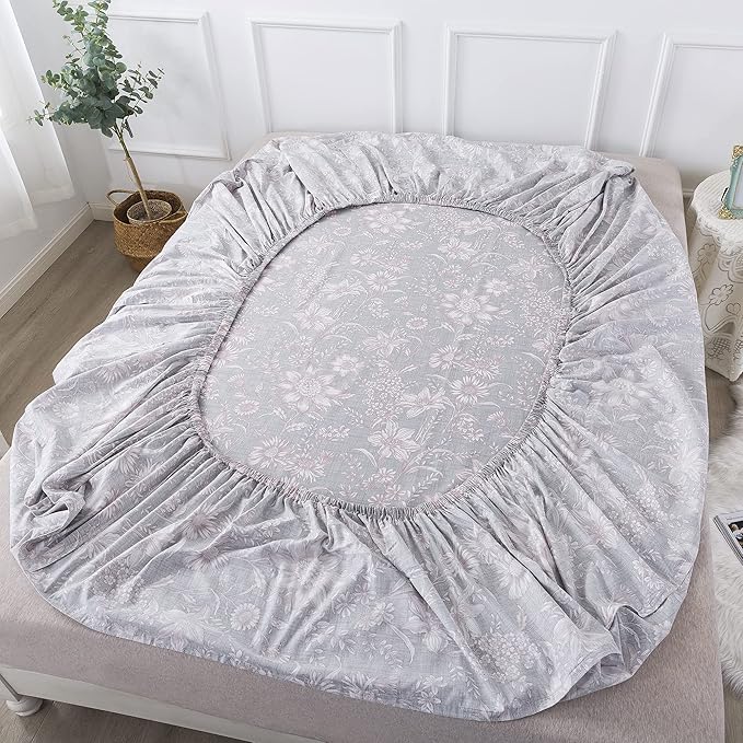 FADFAY Sheets Set King Shabby Pink and Grey Floral Bedding Vintage Sunflower 600TC Elegant Summer 100% Cotton Super Soft Hypoallergenic Deep Pocket Bed Sheets Set, 4Pcs-King Size