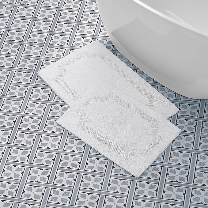 Laura Ashley - Reversible Cotton Bath Mat, Premium Bathroom Décor, Machine Washable Bathroom Rug, Highly Absorbent, 17"x24"/20"x32" 2-Piece Set, White