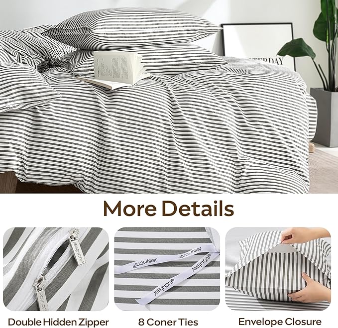JELLYMONI Duvet Cover, 100% Natural Cotton, Printed Comforter Cover with Zipper Closure and Corner Ties (Oversized King Plus 128×120 Inch, White Duvet Cover Set with Grey Stripes Pattern)