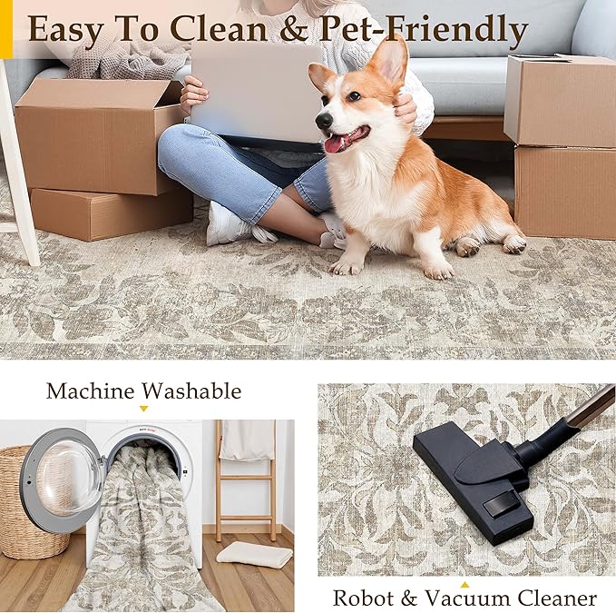 4x6 Area Rug Beige Washable Office Vintage Distressed Carpet Bedroom Indoor Medallion Floral Living Room Non Slip Retro Throw Floor Mat for Dining Room Kitchen Bathroom