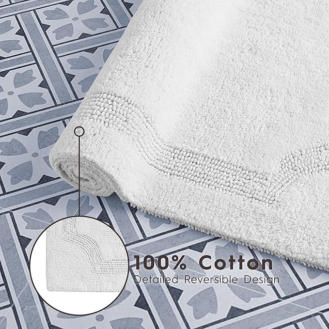 Laura Ashley - Reversible Cotton Bath Mat, Premium Bathroom Décor, Machine Washable Bathroom Rug, Highly Absorbent, 17"x24"/20"x32" 2-Piece Set, White