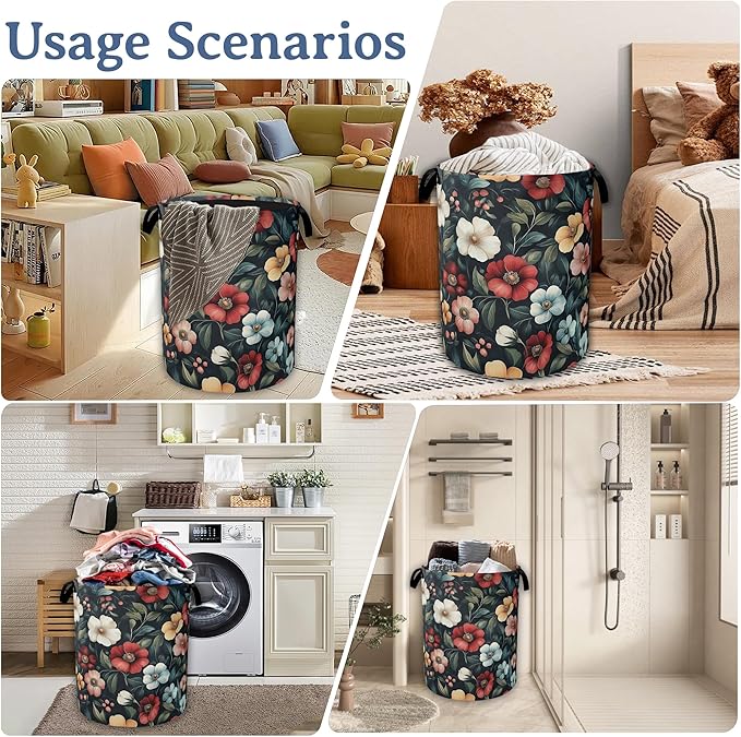 Floral Boho Laundry Basket,Foldable Oxford Cloth Pink Flower Vintage Laundry Hamper with Handles, 20.8"x16" Tote Bag Clothes Storage Bucket for Laundry Room/Bathroom/Bedroom/Dormitories